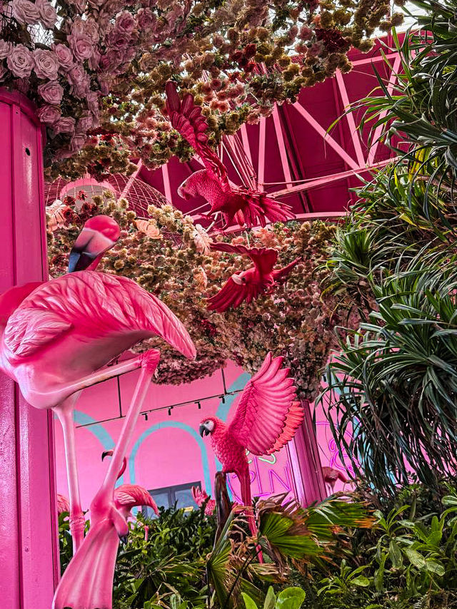 Pastel chairs and pink flowers at pink fairytale cafe terrace