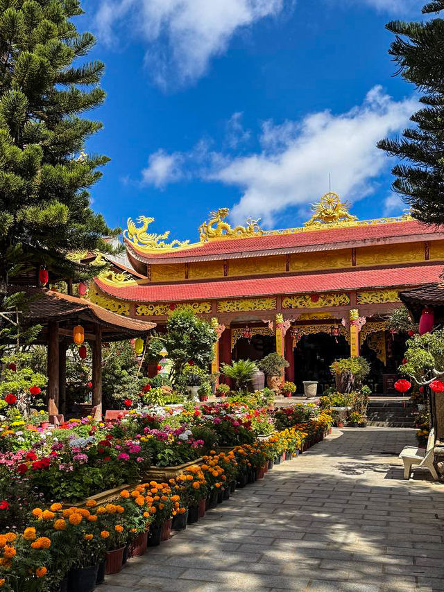 Golden buddha dalat holding a lotus flower with pine forest behind