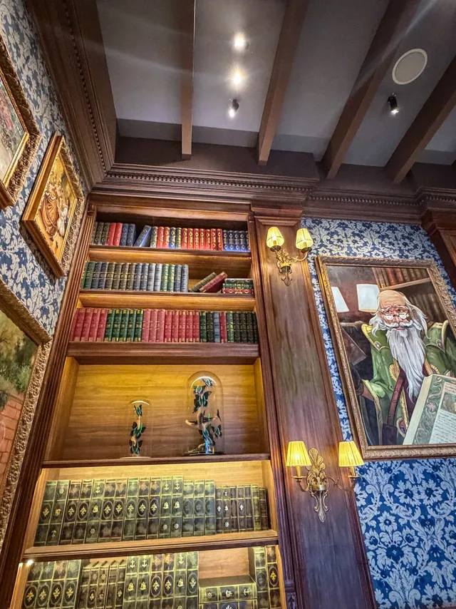 Fairytale Library entrance with giant bookshelves at Tata World River Adventure