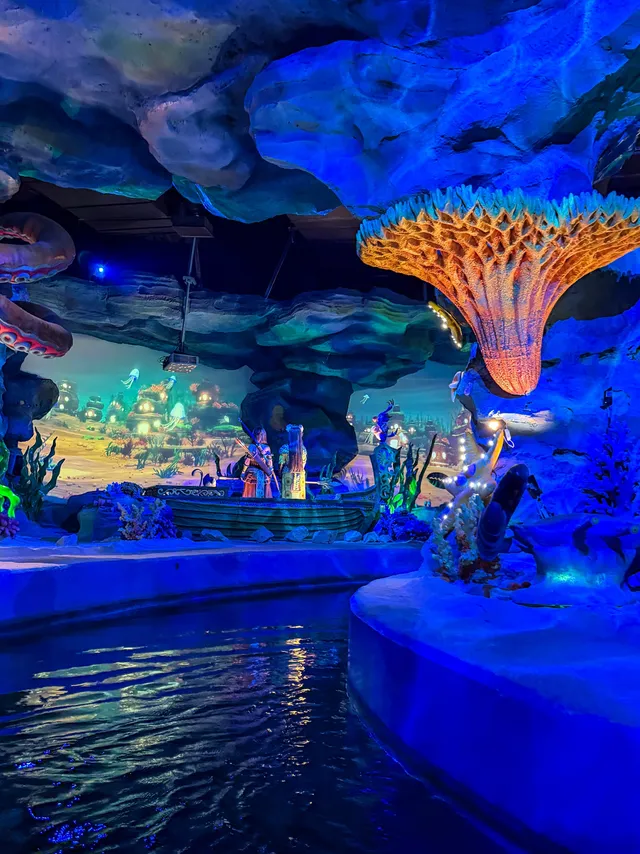 Thematic scene inside the dark boat ride of Tata World River Adventure
