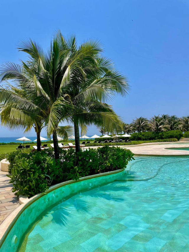 Aerial view of coconut groves covering 85% of vietnam greenest resort private pools property