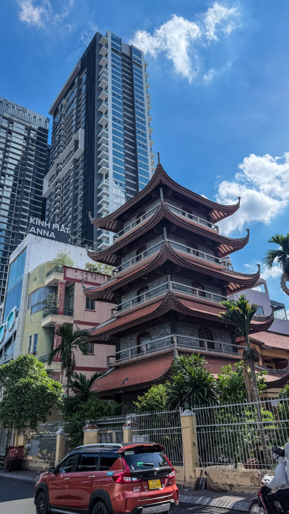 Chùa Lâm Tế courtyard pond and mature trees District 5 Saigon
