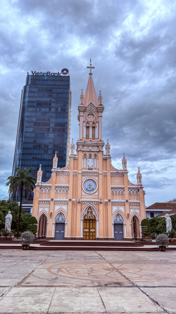 Danang Cathedral pink church with rooster bell tower Da Nang