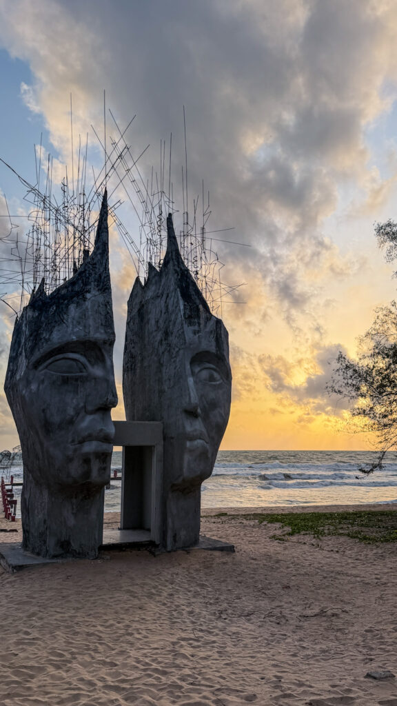 Sunset Sanato Phu Quoc giant elephant sculptures on stilts at sunset