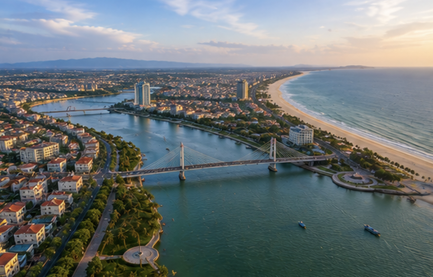 Dong Hoi Vietnam Nhat Le River beach city aerial view