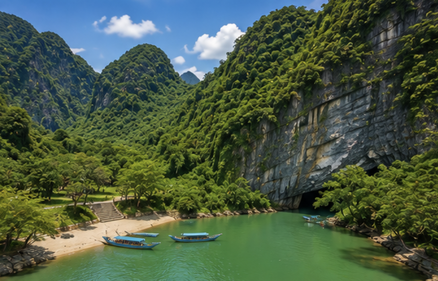 Phong Nha Vietnam Son River limestone mountains and cave entrance