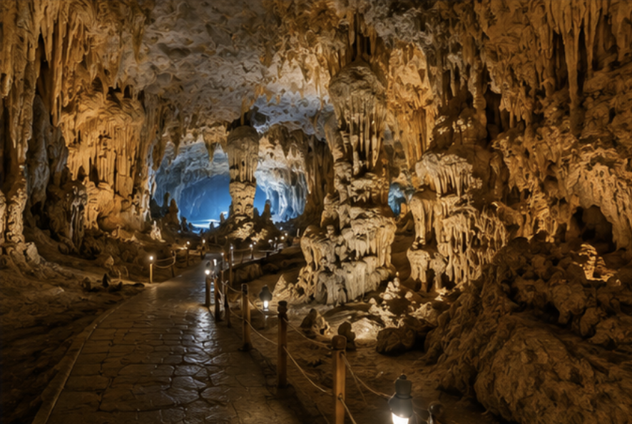 Large limestone cave inside Ha Long Bay