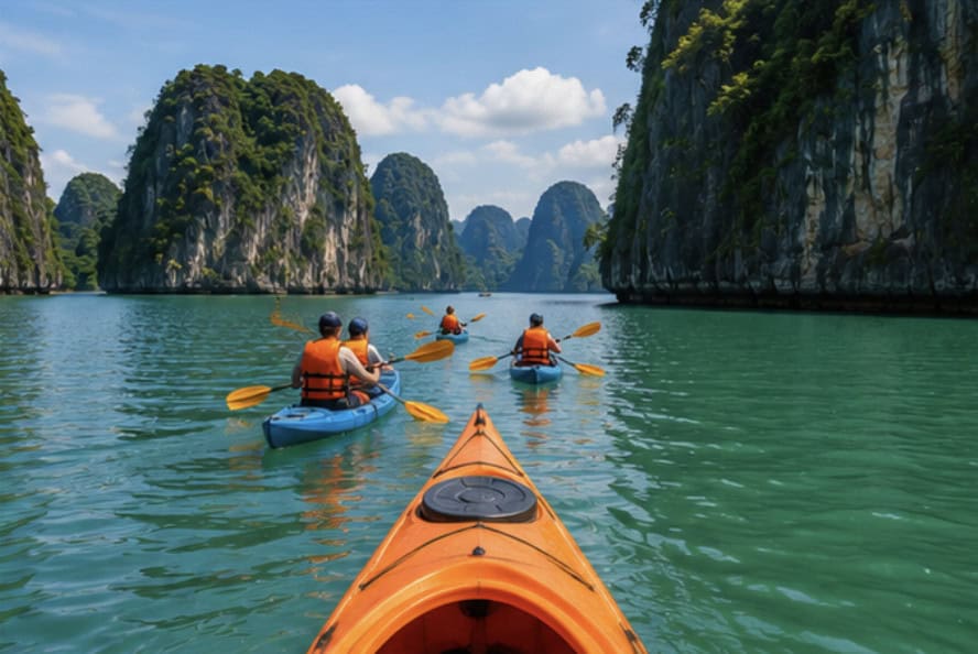 Kayaking between limestone formations in Ha Long Bay