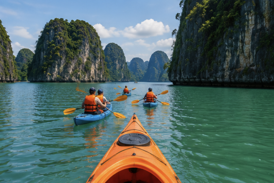 Kayaking between limestone formations in Ha Long Bay