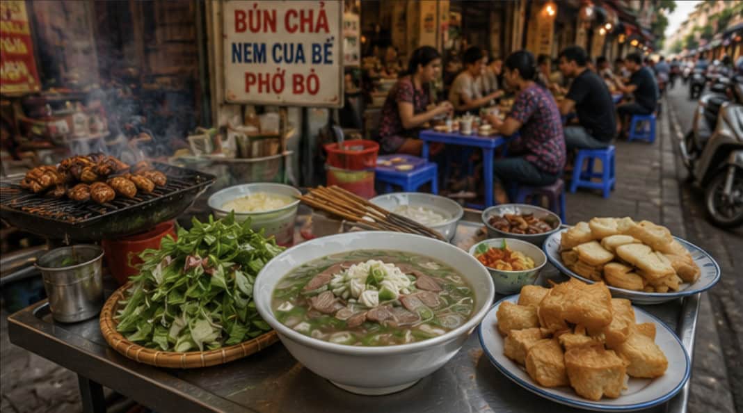Vietnamese street food served at a local restaurant in Hanoi