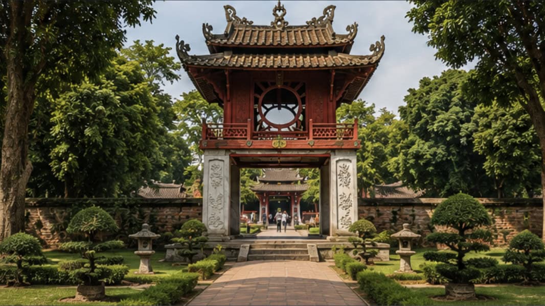 Temple of Literature in Hanoi with traditional Vietnamese architecture and courtyards