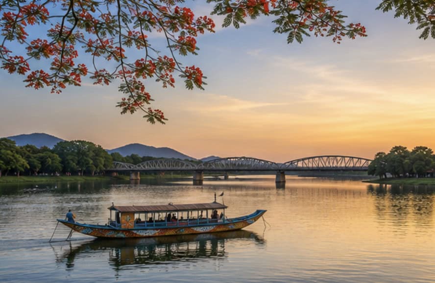 Perfume River flowing through Hue with traditional boats