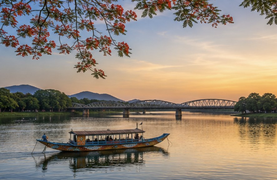 Perfume River flowing through Hue with traditional boats
