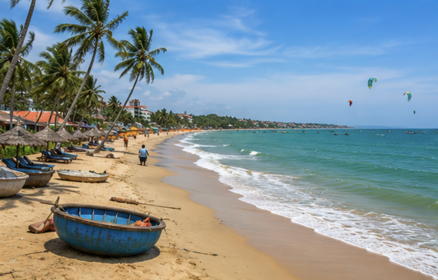 Long sandy beach and coastline in Mui Ne