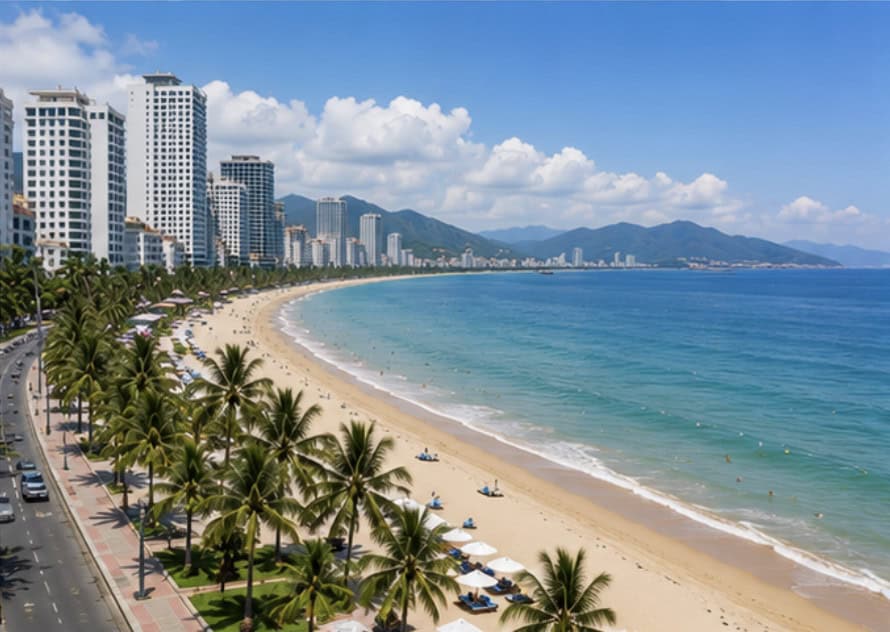 Nha Trang beach and turquoise sea along the city waterfront