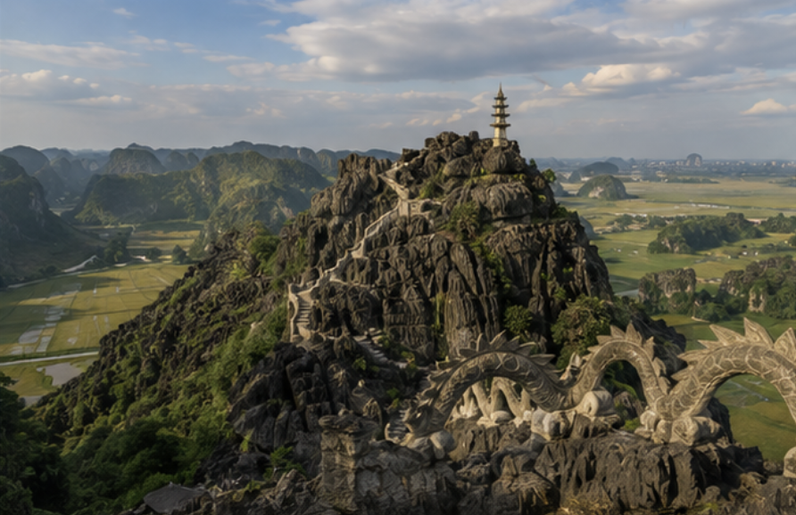 Panoramic viewpoint over the limestone landscape of Ninh Binh from Mua Cave