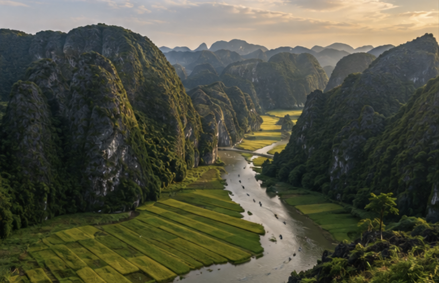 Limestone mountains and river landscape in Ninh Binh