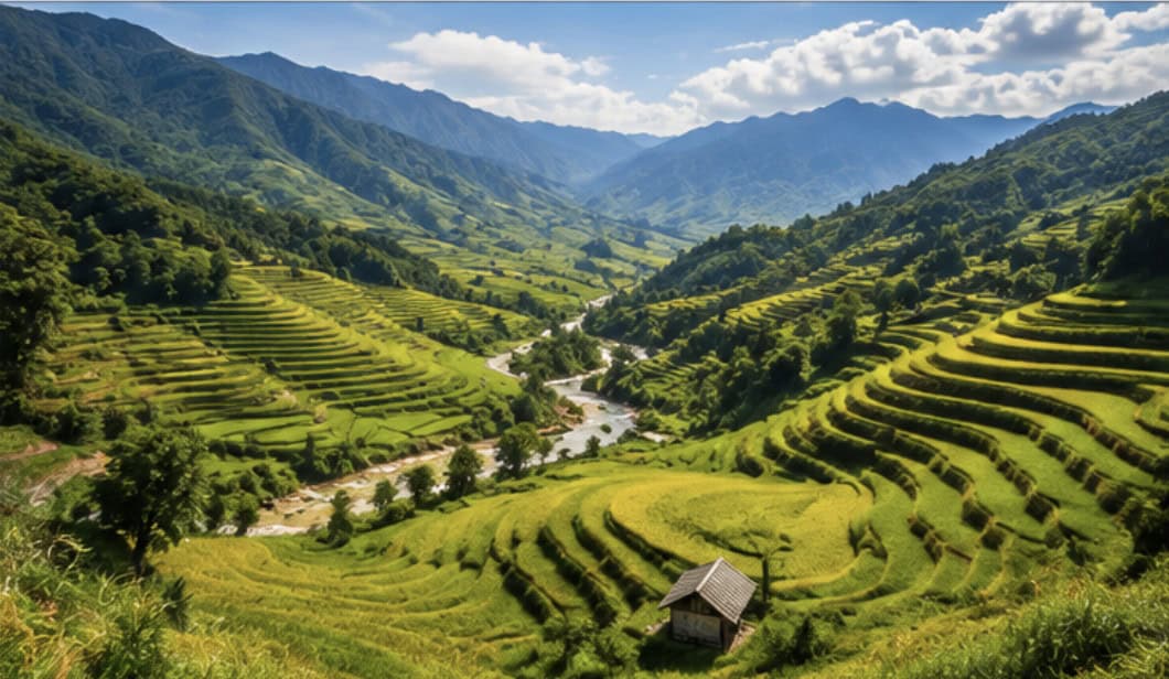 Terraced rice fields covering the mountains around Sapa