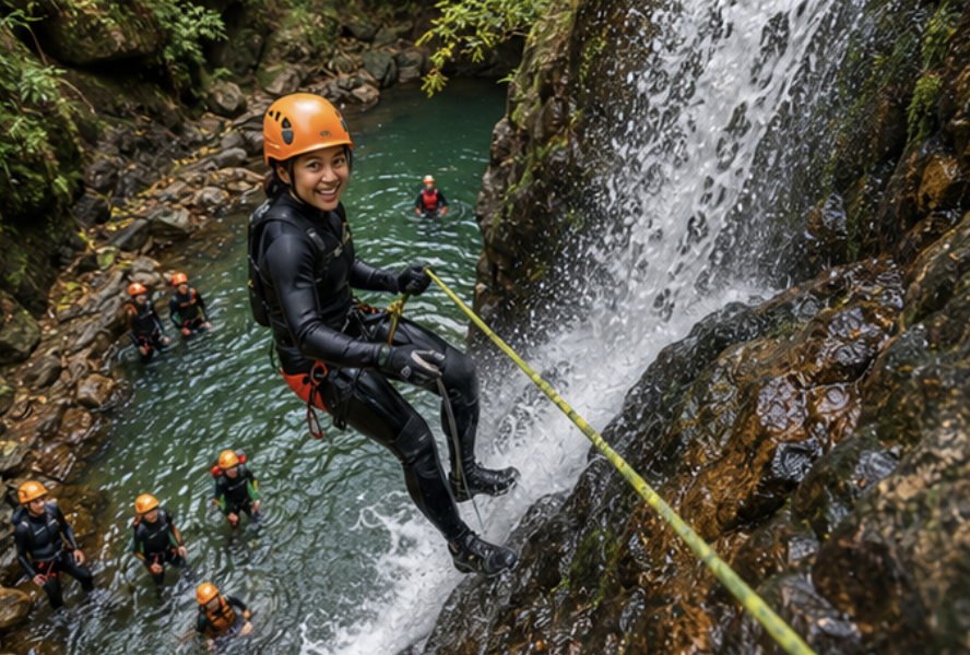Canyoning at a waterfall near Da Lat Vietnam