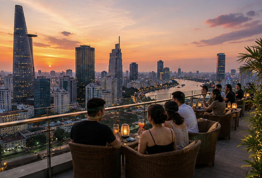 Rooftop view over Ho Chi Minh City at sunset