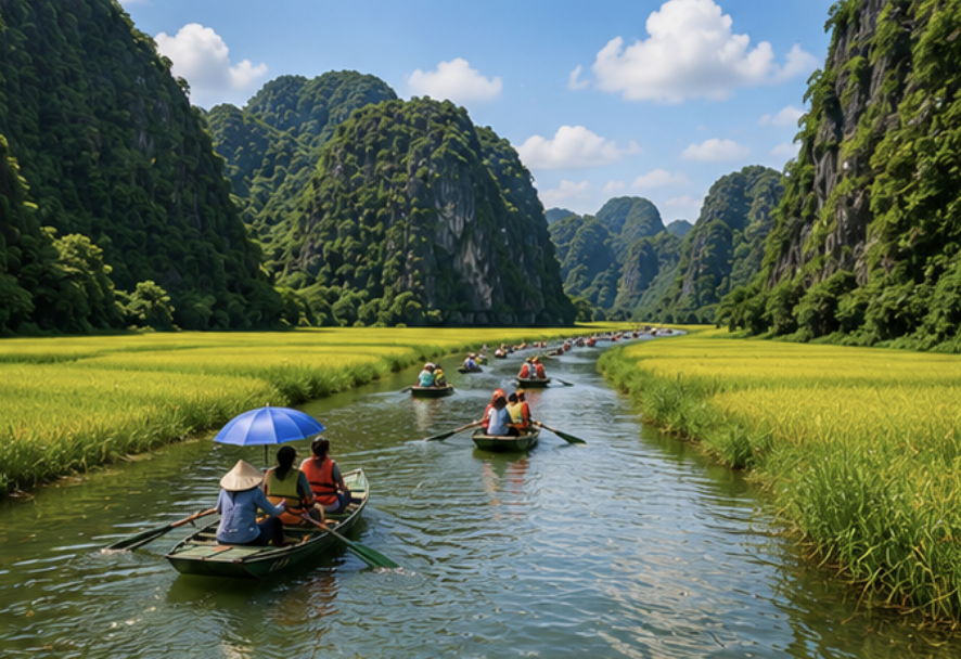 Tam Coc boat tour through rice fields and limestone mountains