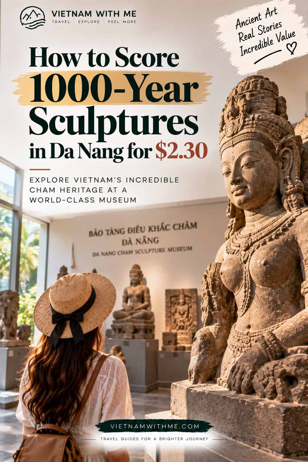 1000-Year Sculptures in Da Nang travel guide pin with an ancient Cham stone sculpture