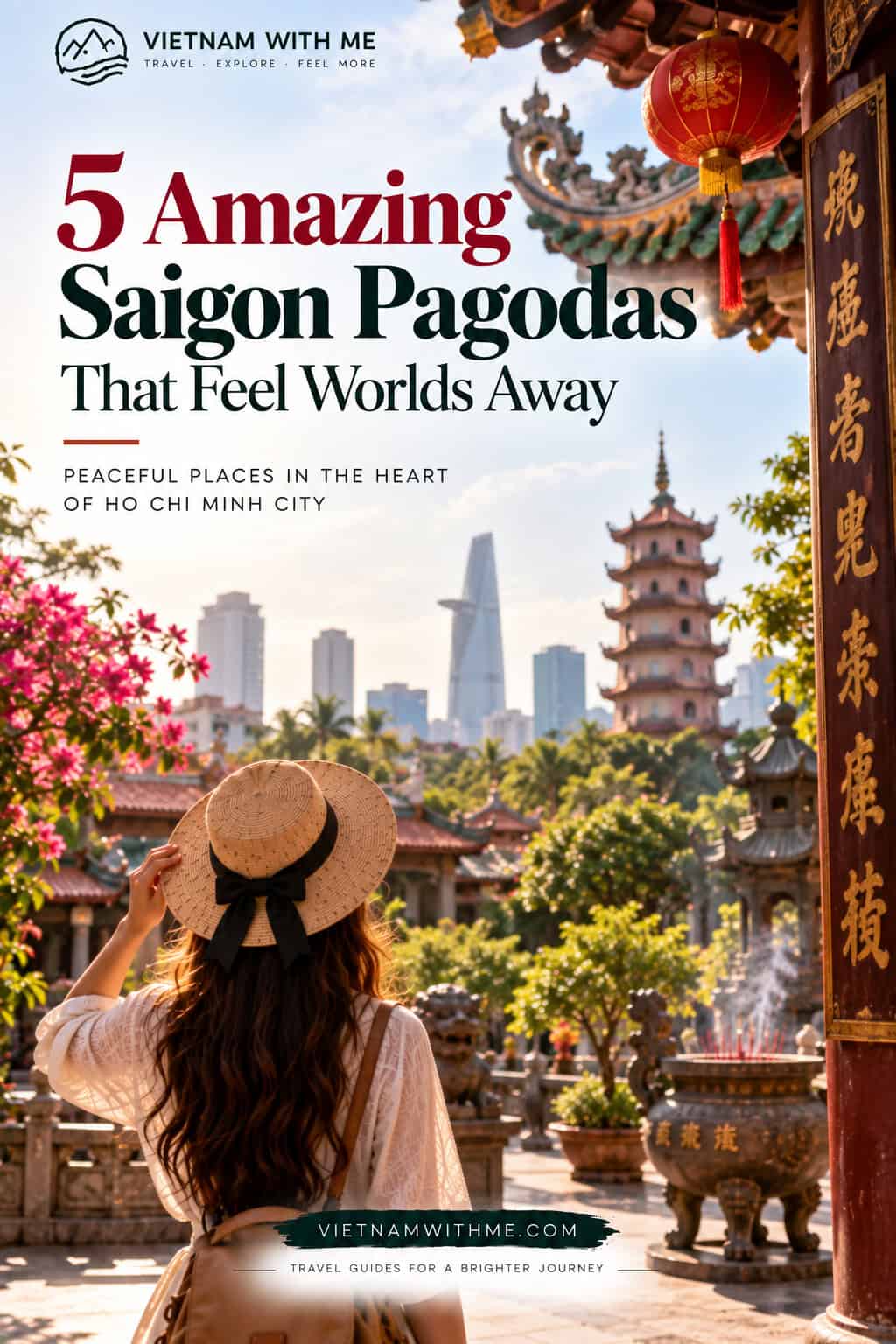 Saigon Pagodas travel guide pin with a woman standing before an ornate pagoda facade