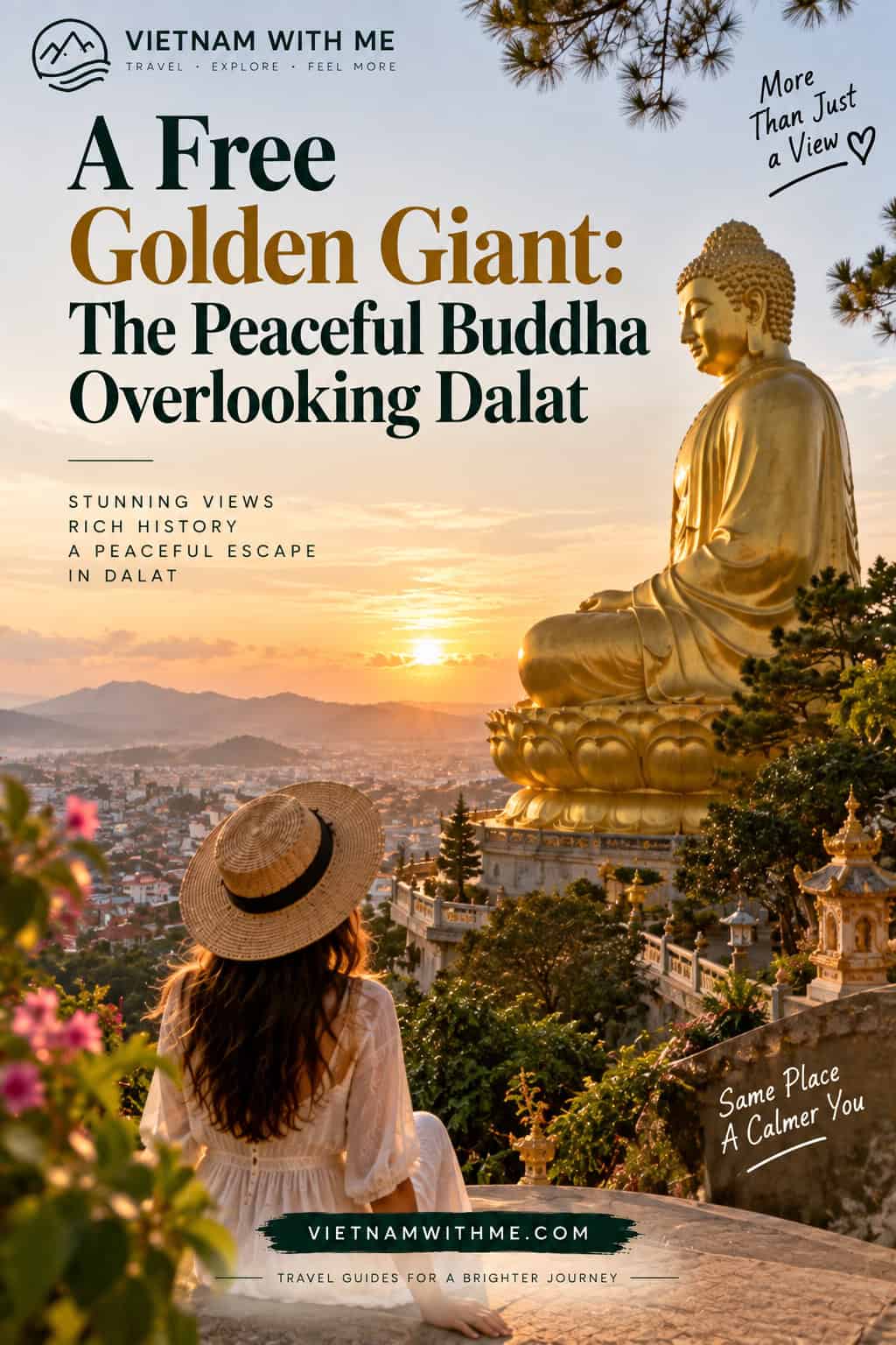 Golden Buddha statue Dalat travel guide pin overlooking hills at sunset