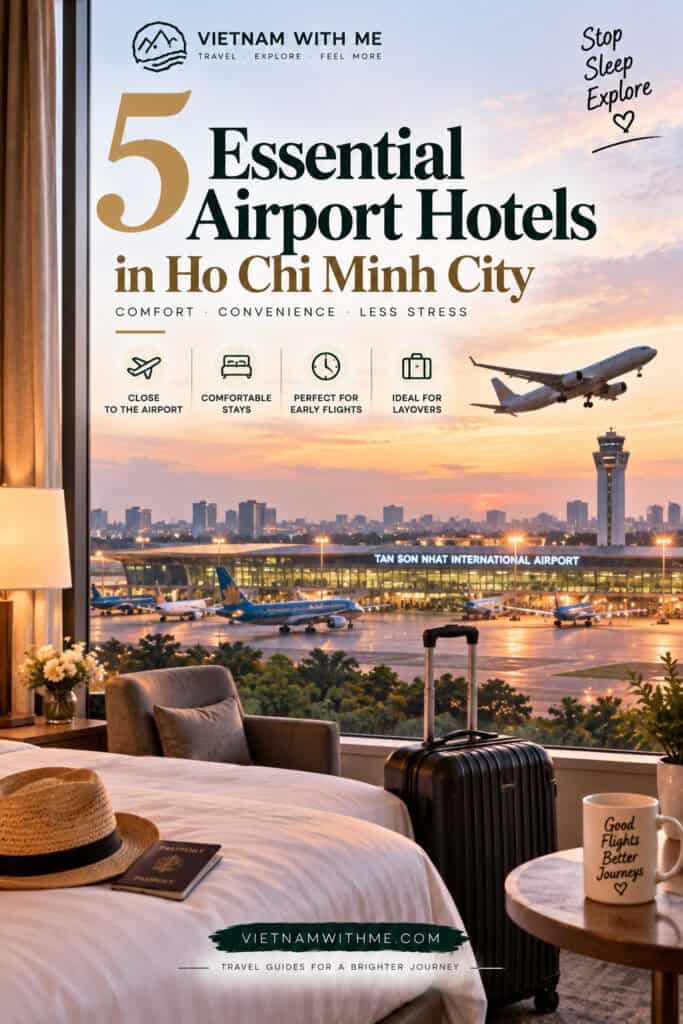 Airport Hotels in Ho Chi Minh City travel guide pin with an airplane and a hotel pool at sunset