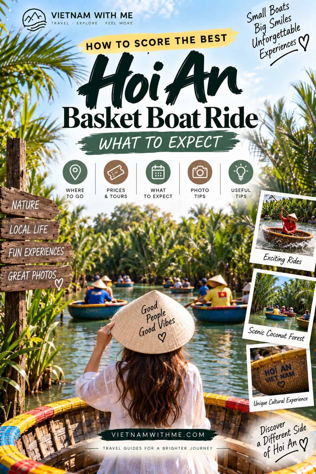 Best Hoi An Basket Boat Ride travel guide pin with a woman riding a round basket boat through palms