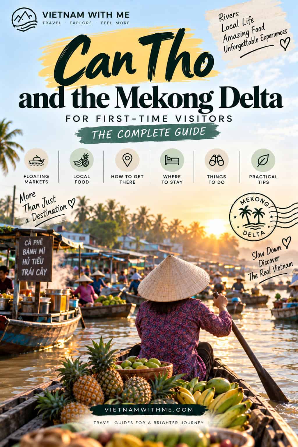 Can Tho and the Mekong Delta travel guide pin with a woman on a traditional boat among floating markets