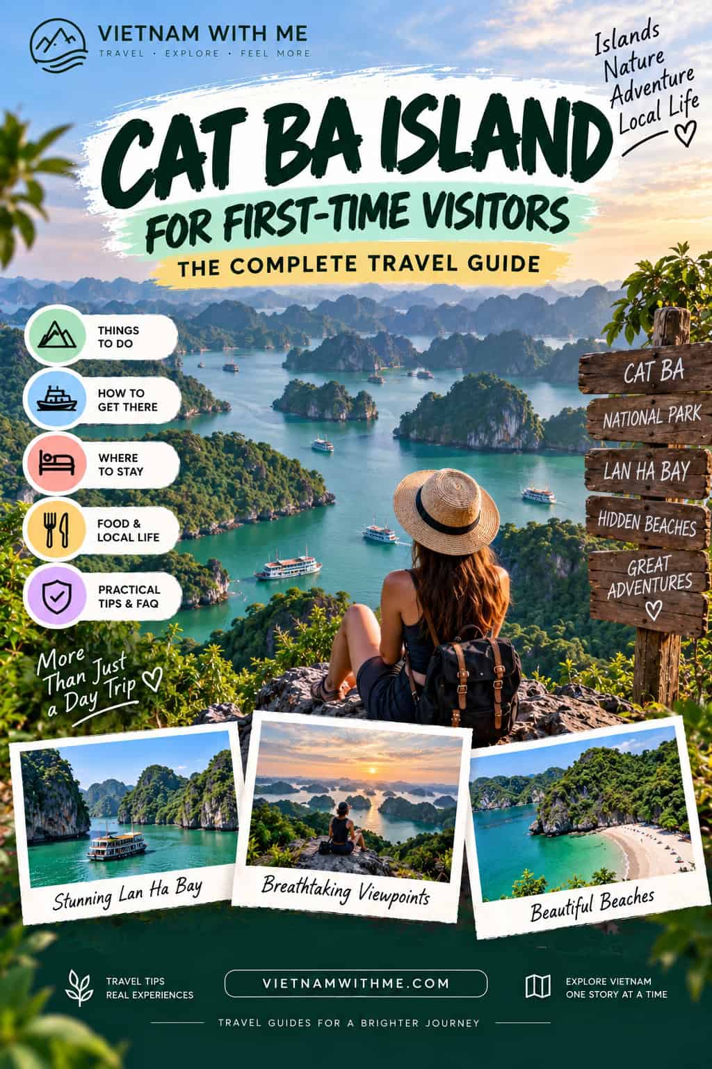 Cat Ba Island travel guide pin with limestone karst bay views, beaches, and national park photos