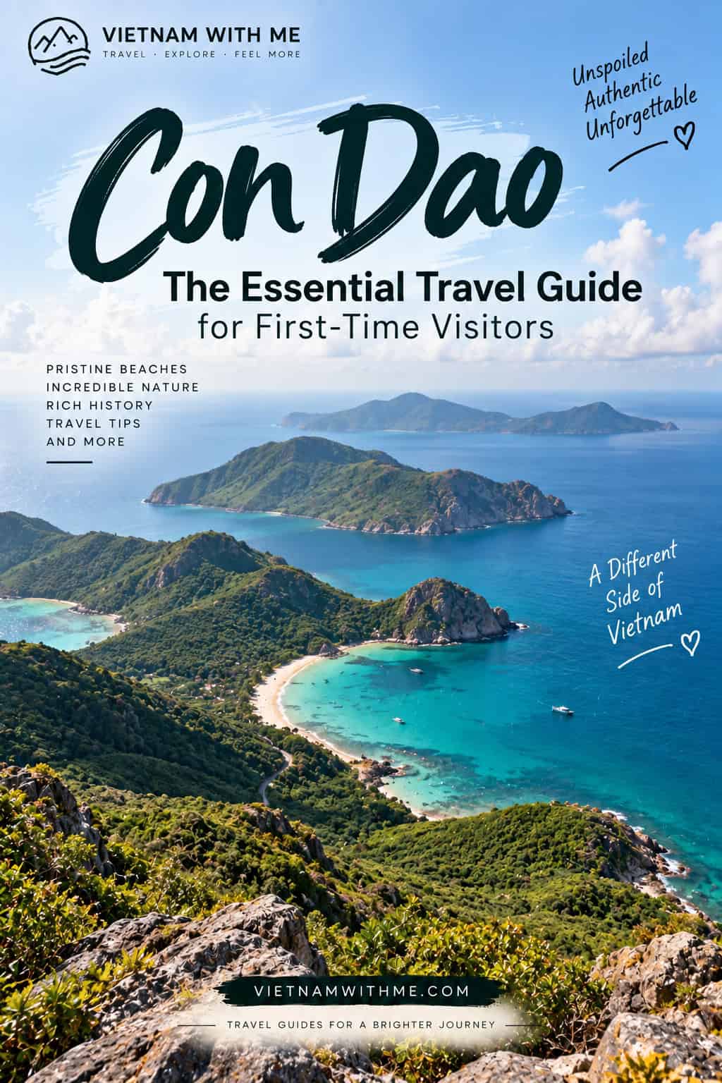 Con Dao travel guide pin with turquoise coves and forested hills for first-time visitors