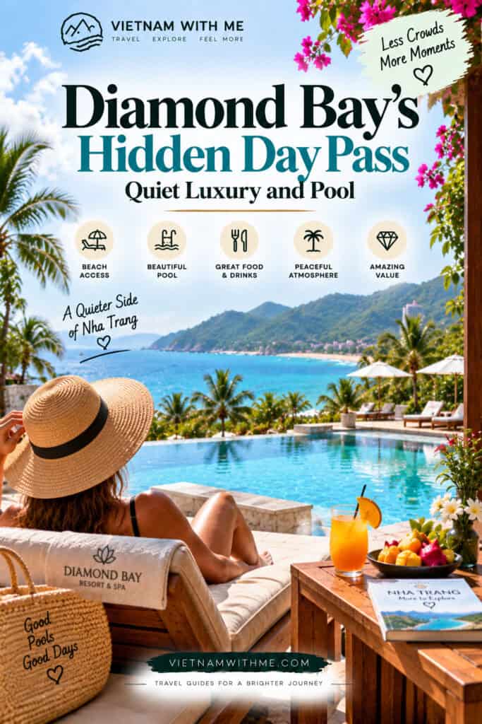 Diamond Bay's Hidden Day Pass travel guide pin with a poolside lounge and mountain view