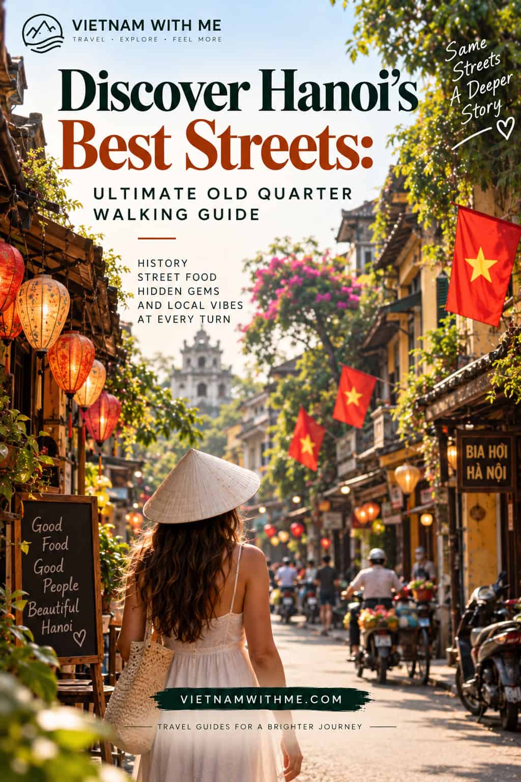 Hanoi Old Quarter travel guide pin with lantern-lit streets and traditional shophouses