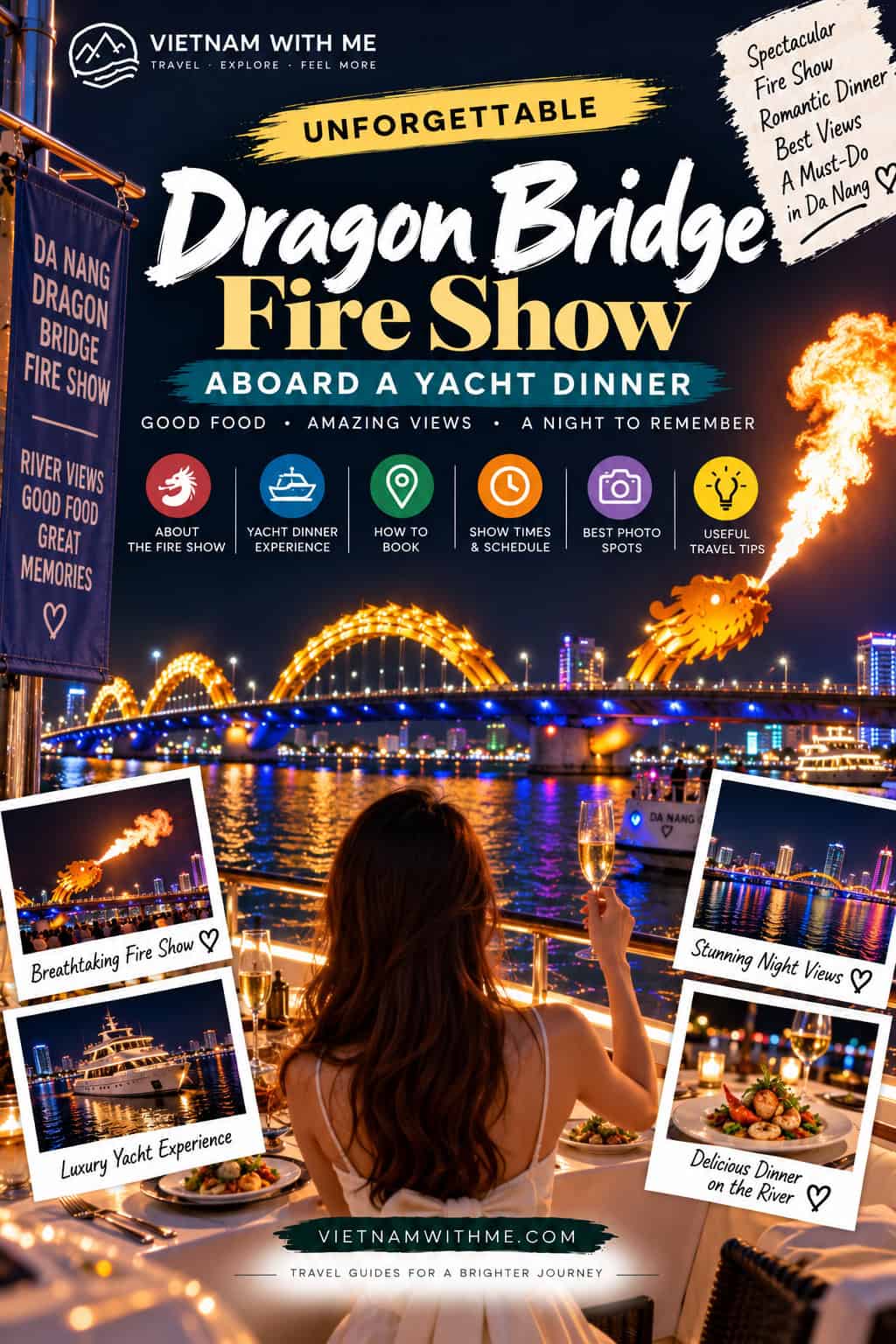 Dragon Bridge Fire Show travel guide pin with the illuminated dragon bridge breathing fire at night