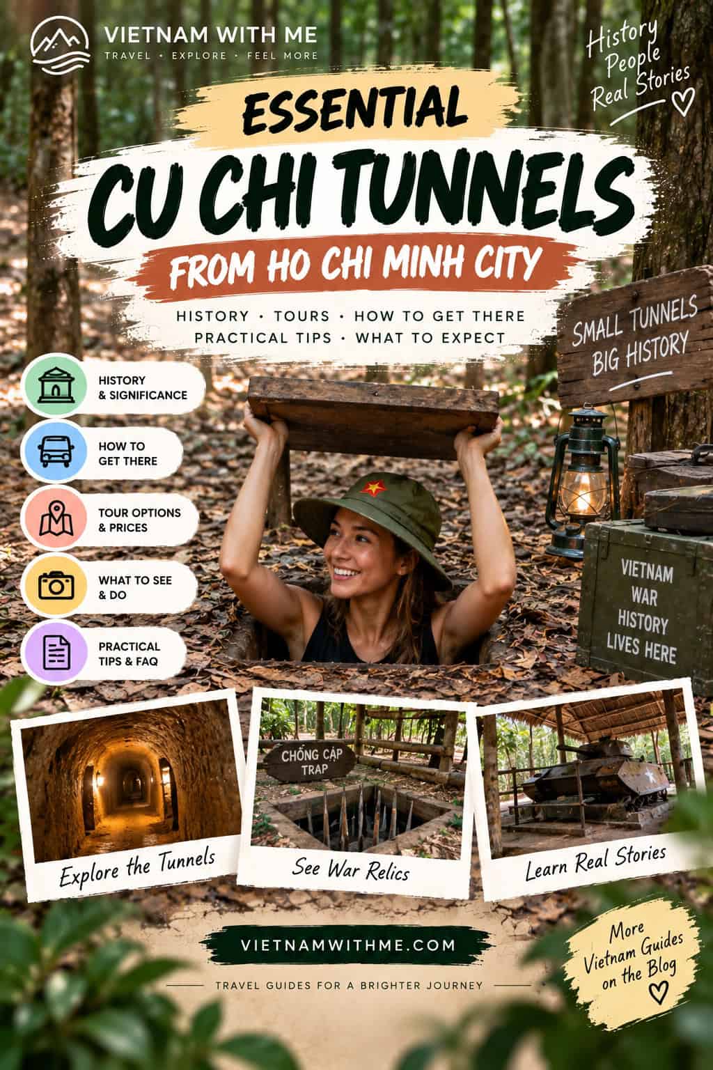 Cu Chi Tunnels travel guide pin with underground tunnel entrance, jungle terrain, and war history photos