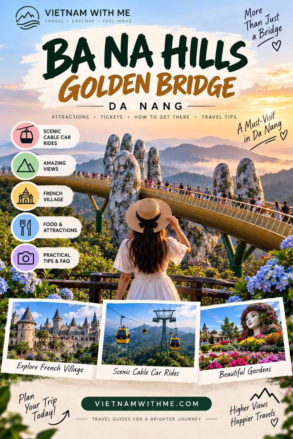 Ba Na Hills and Golden Bridge Da Nang travel guide pin with the hands-shaped bridge, cable car, and French Village photos