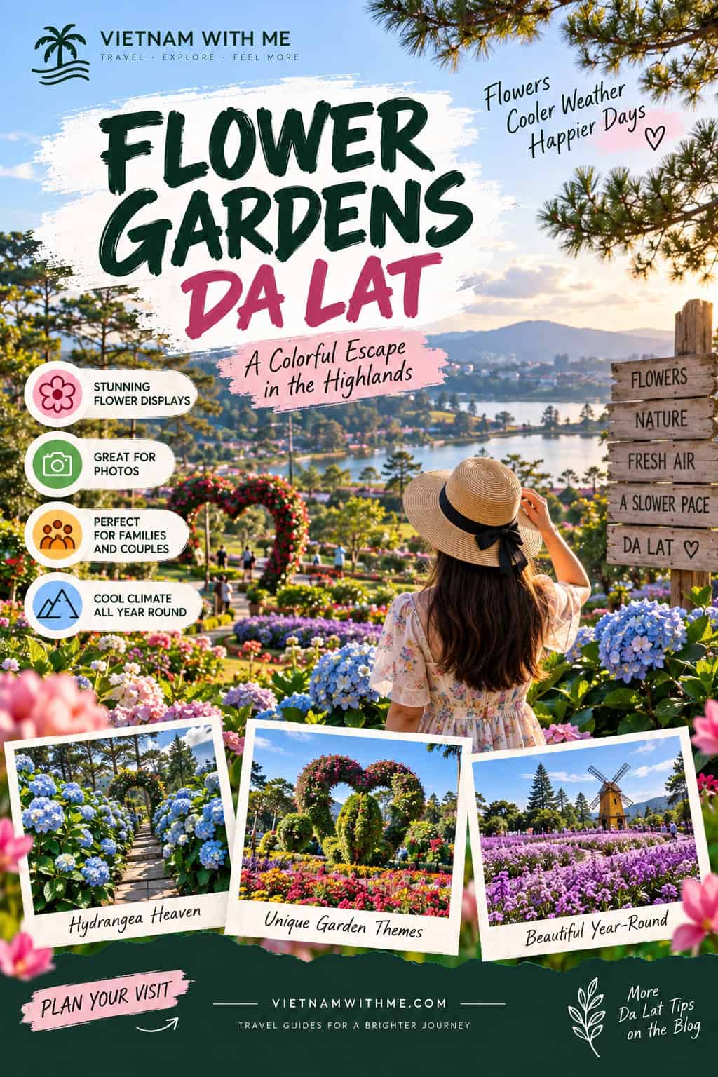 Flower Gardens in Da Lat travel guide pin showing colorful flower displays, valley views, and garden pathways in Da Lat, Vietnam
