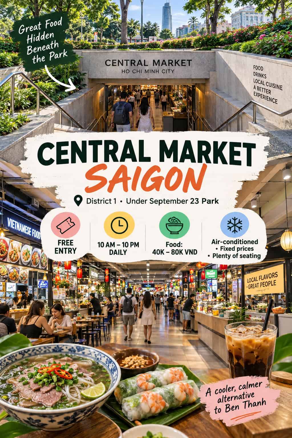 Central Market Saigon underground food court in District 1, Ho Chi Minh City — pho, spring rolls, and Vietnamese iced coffee in an air-conditioned alternative to Ben Thanh Market