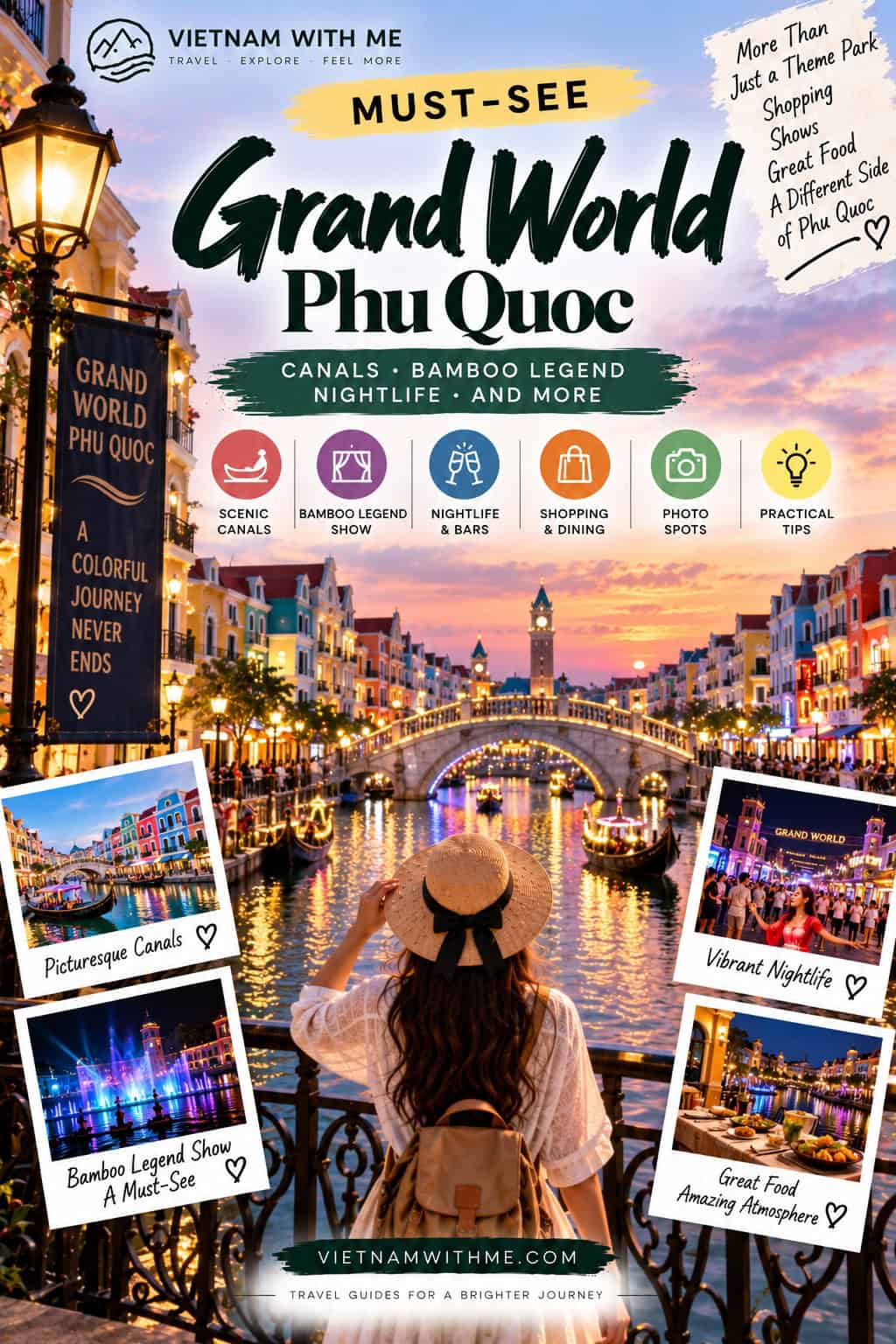 Grand World Phu Quoc travel guide pin with illuminated canals and a nighttime cityscape