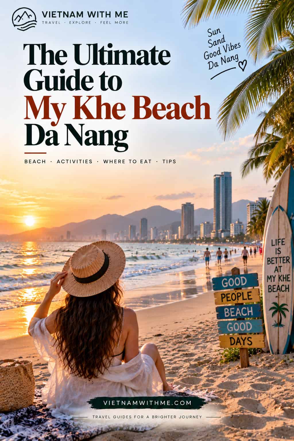 My Khe Beach Da Nang travel guide pin with sandy shoreline, palm trees, and coastal skyline