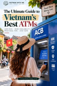 Guide to Vietnam's Best ATMs travel guide pin with a woman withdrawing cash from an ATM machine