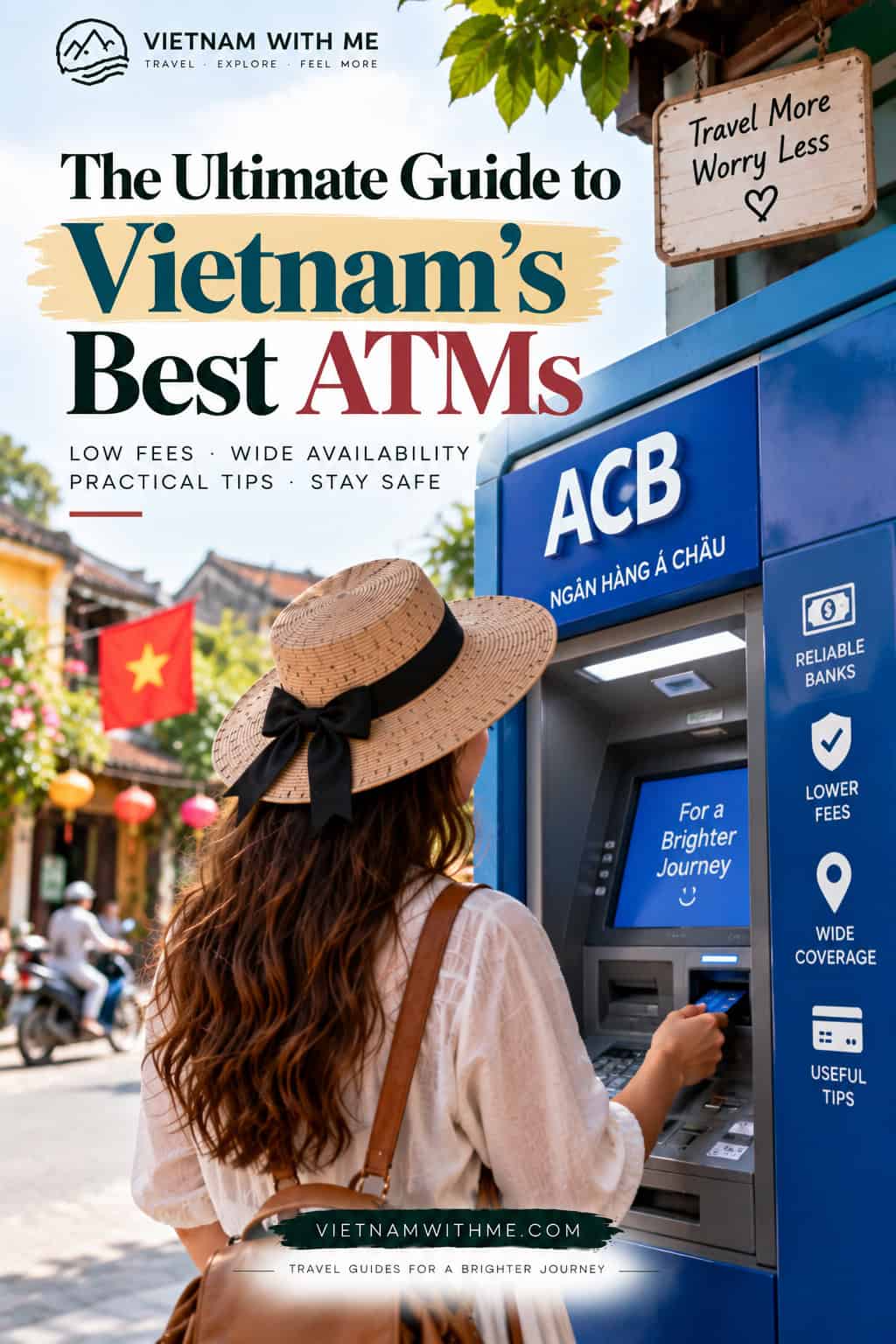 Guide to Vietnam's Best ATMs travel guide pin with a woman withdrawing cash from an ATM machine