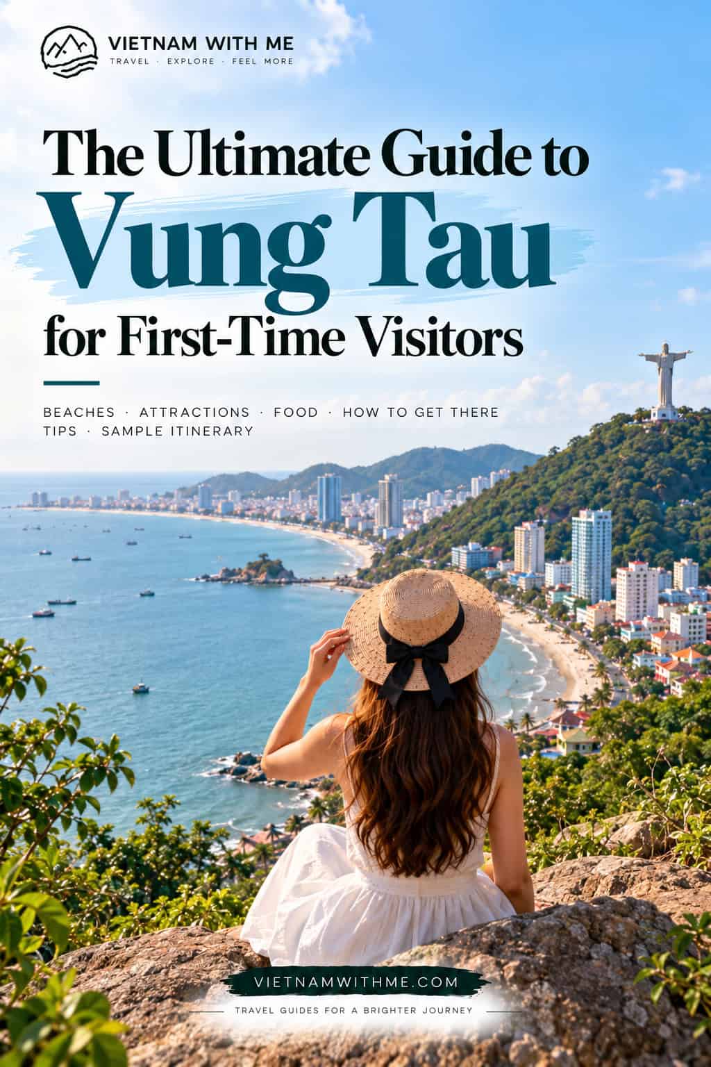 Guide to Vung Tau for First-Time Visitors travel guide pin with a coastal view and hilltop statue