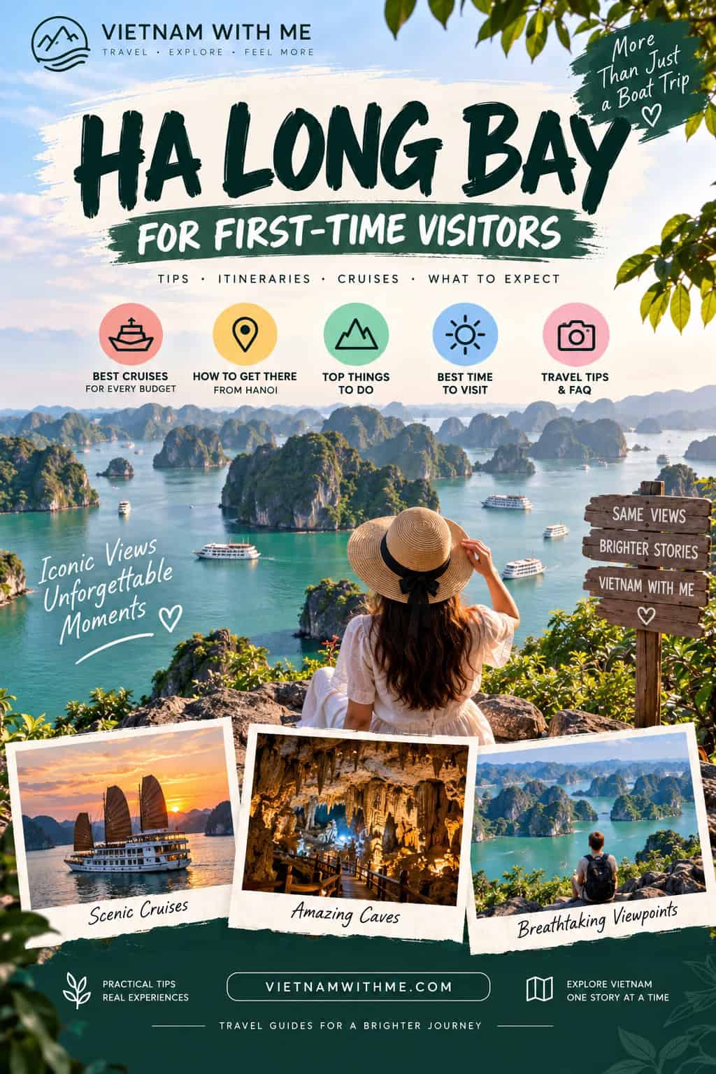 Ha Long Bay for First-Time Visitors travel guide pin showing limestone karst islands, a cruise boat, and emerald bay scenery in Vietnam