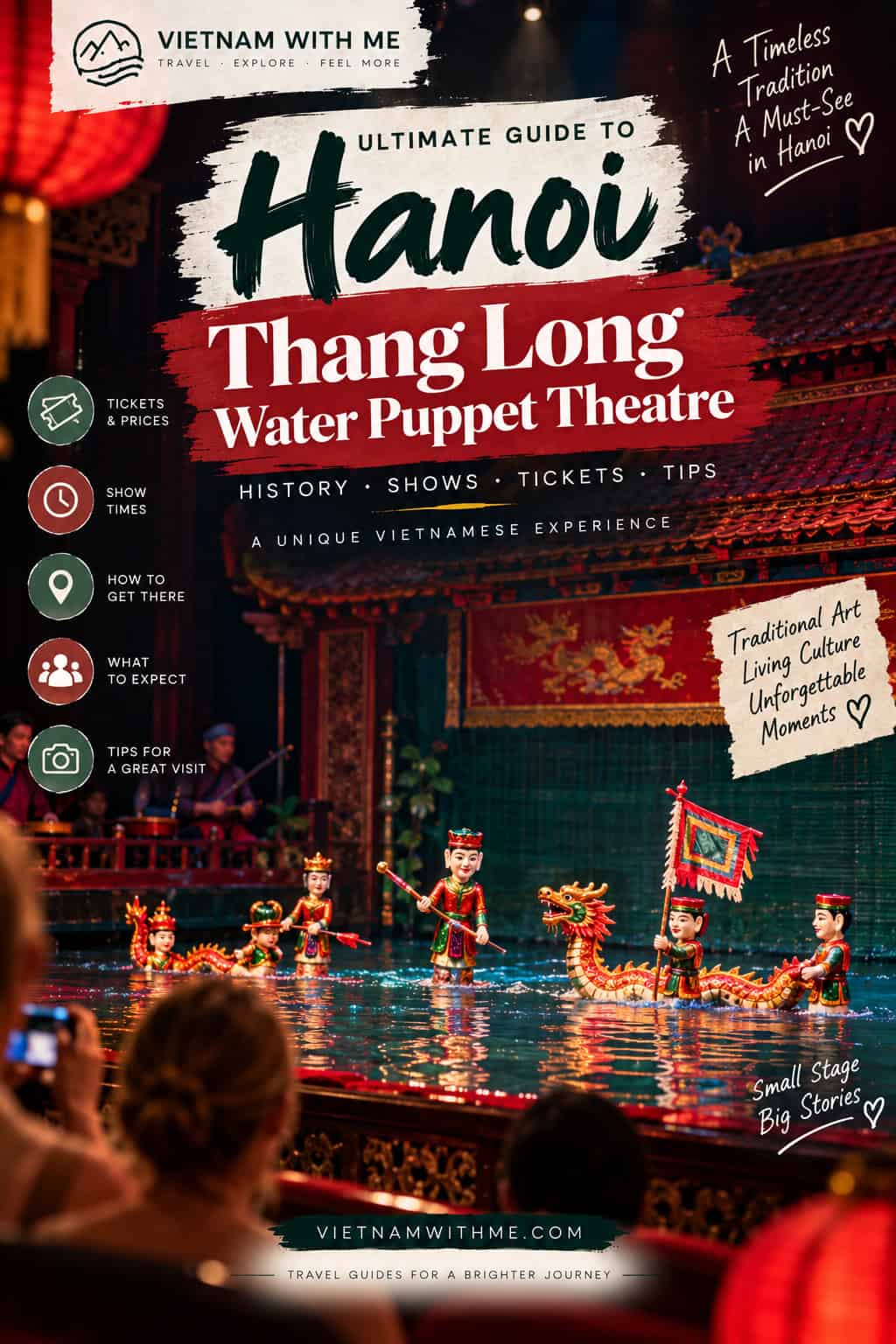 Hanoi Thang Long Water Puppet Theatre travel guide pin with a traditional water puppet performance