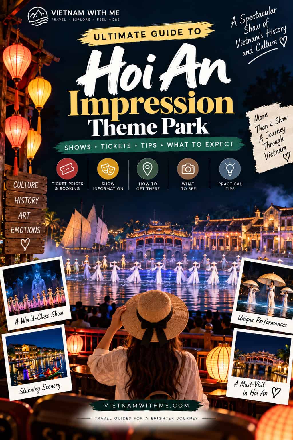 Hoi An Impression Theme Park travel guide pin with a nighttime cultural show and lantern-lit stage