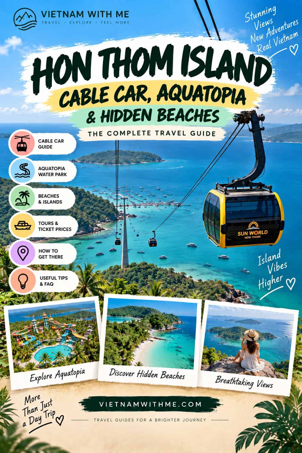 Hon Thom Island travel guide pin with cable car over the sea, Aquatopia water park, and beach photos