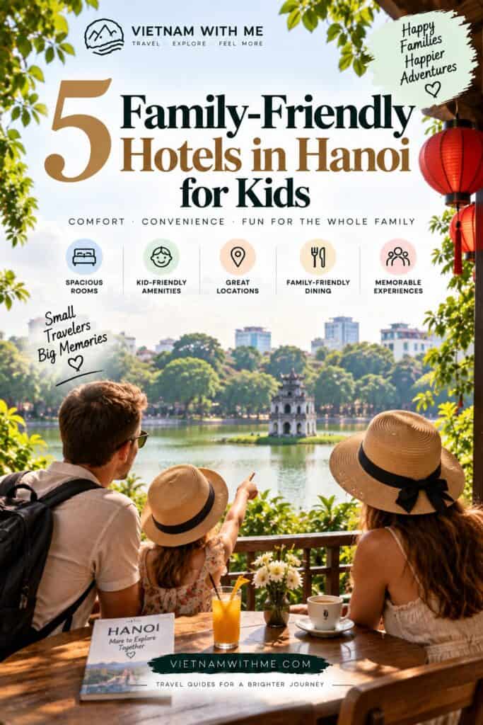Family-Friendly Hotels in Hanoi for Kids travel guide pin with a family looking at a lake view
